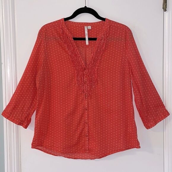 Lauren Conrad orange & white dot V-neck button front convertible sleeve Large - Picture 1 of 9